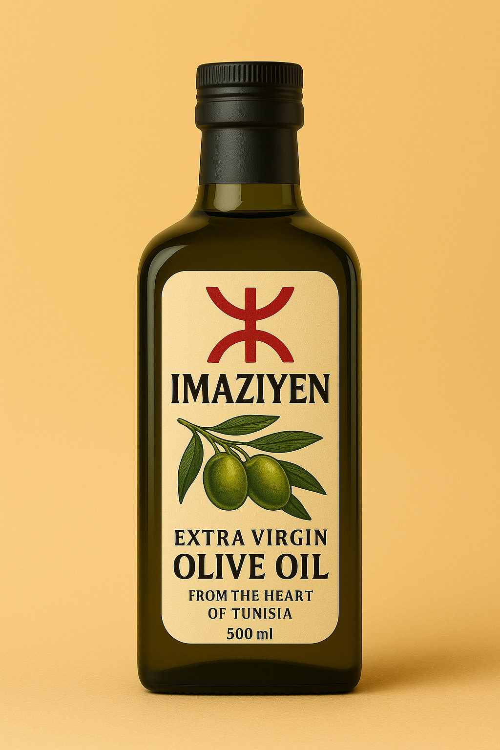 A bottle of Imaziyen extra virgin olive oil, presented elegantly.